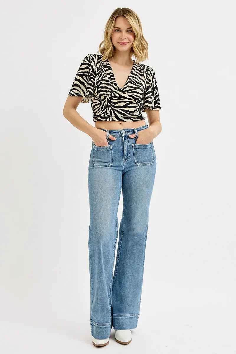RISEN Plus Size High Rise Wide Flare Patch Pocket Jeans.