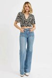 RISEN Plus Size High Rise Wide Flare Patch Pocket Jeans.