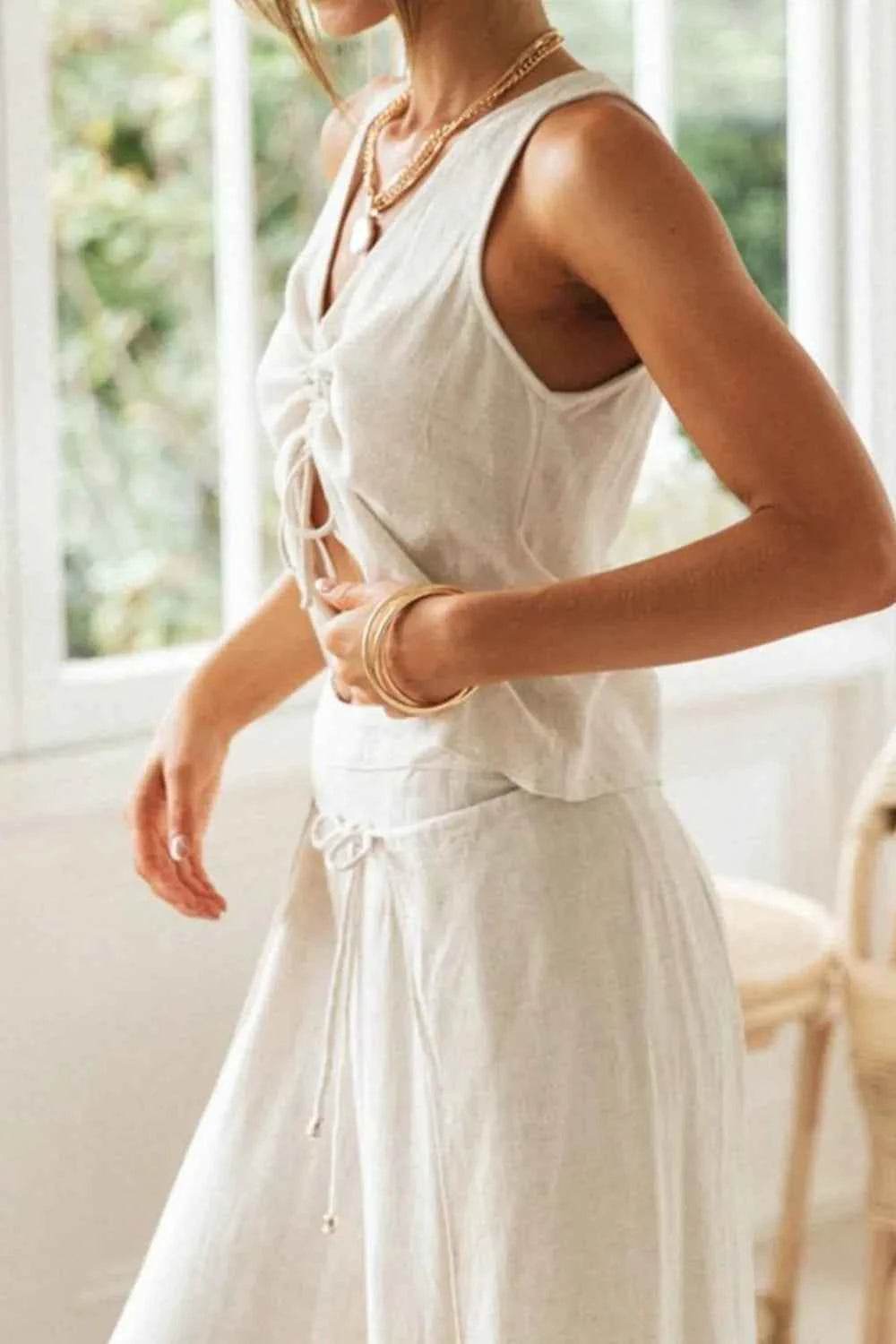 Drawstring V-Neck Tank and Pants Set - EBYNN