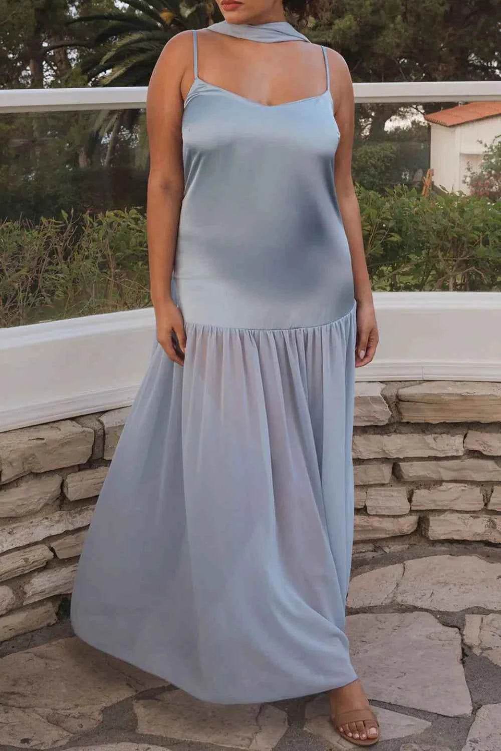 Adjustable Strap Maxi Cami Dress with Scarf.