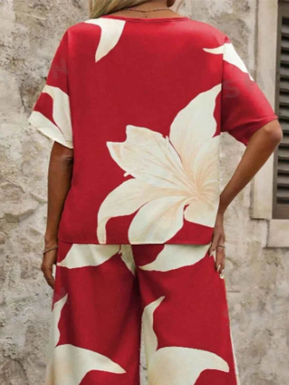 Printed V-Neck Top and Wide Leg Pants Set - EBYNN