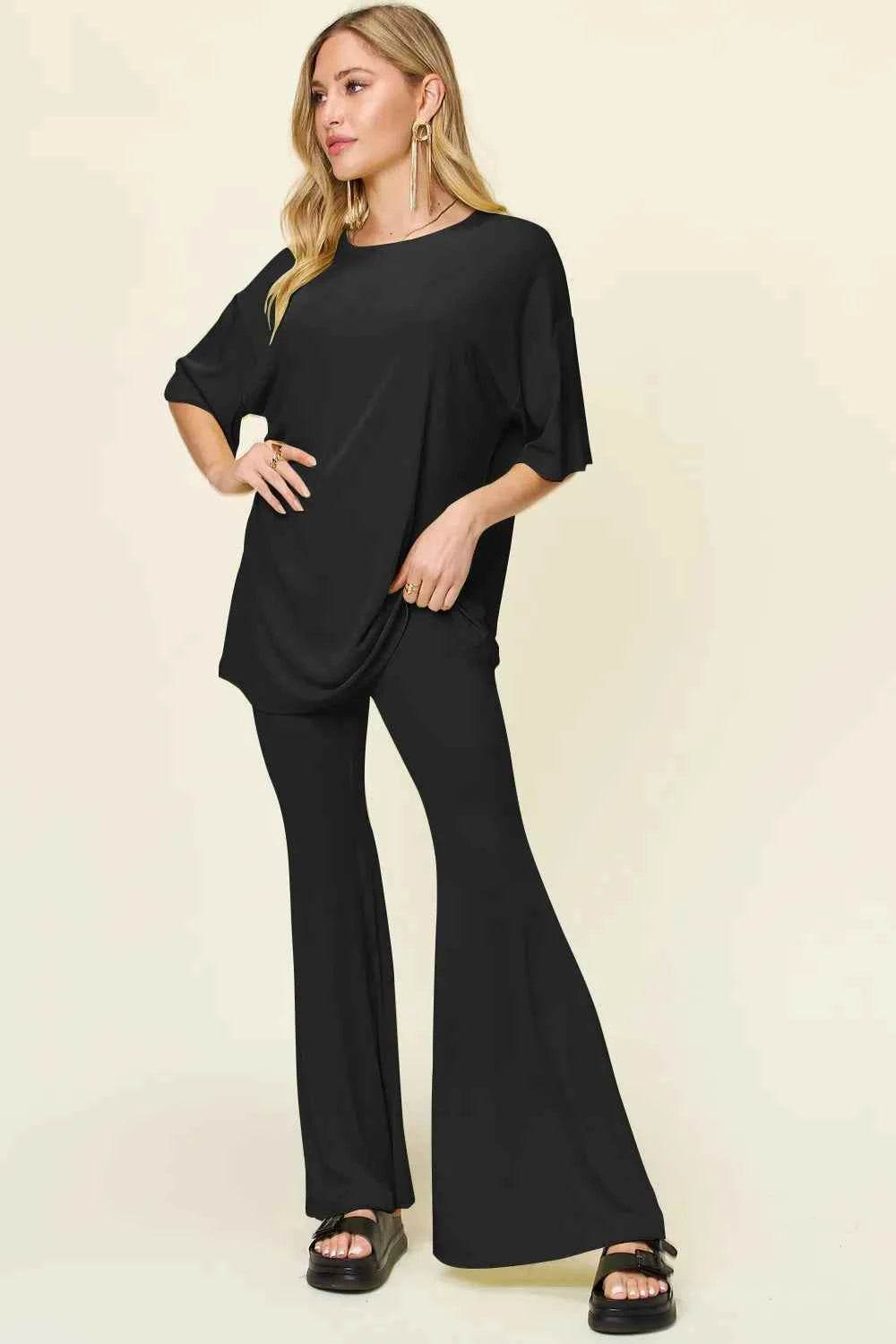 Double Take T-Shirt and Pants Set: Full Size Round Neck Drop Shoulder Style with Flare Pants - EBYNN