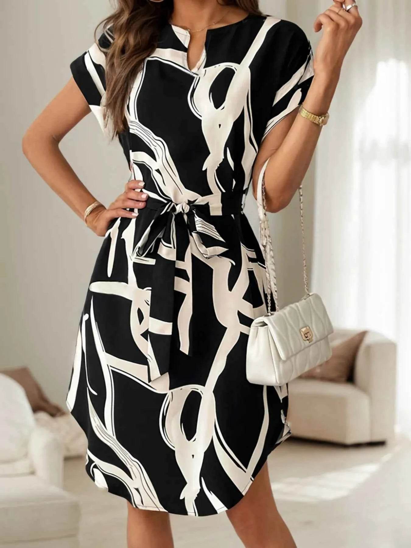 Abstract Print Belted Midi Dress - Short Sleeve.