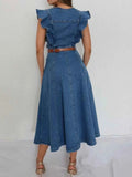 Button-Front Ruffle Sleeve Denim Midi Dress.