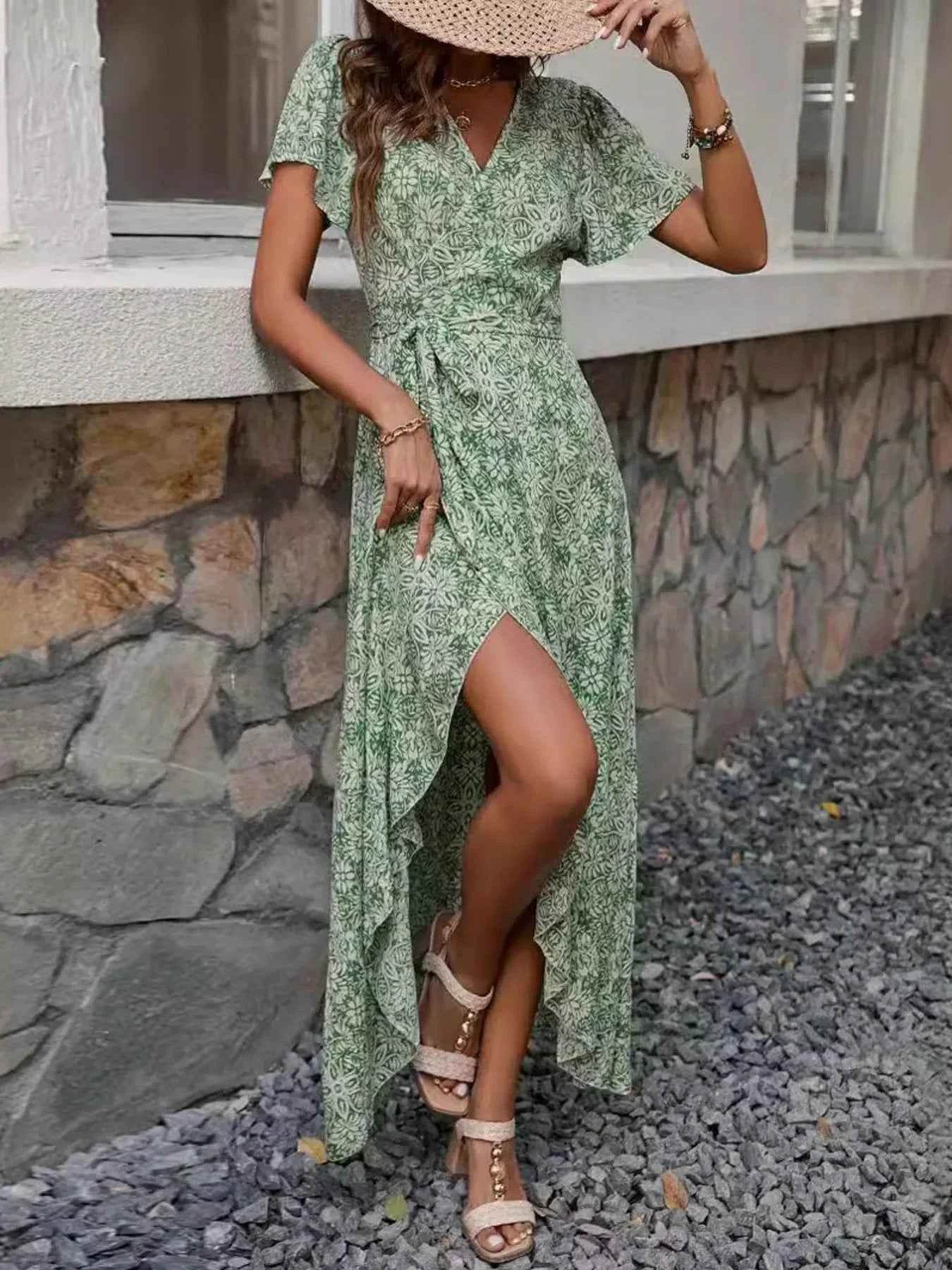 Printed Surplice Maxi Dress with Flutter Sleeves.