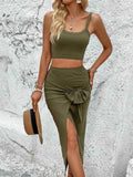 Ribbed Knit Crop Top & Tie-Front Slit Skirt Set - EBYNN