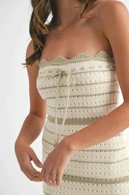 MABLE Contrast Striped Crochet Knit Midi Dress.