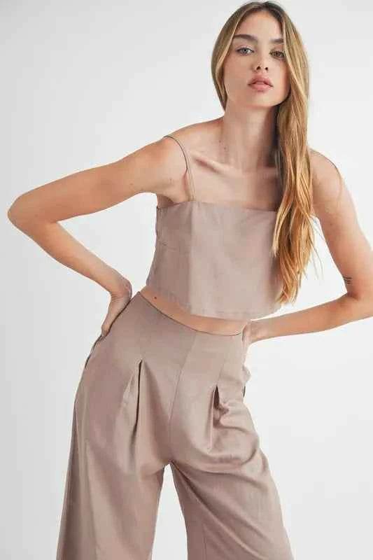 Linen Mix Crop Cami and Wide Leg Pants Set - EBYNN