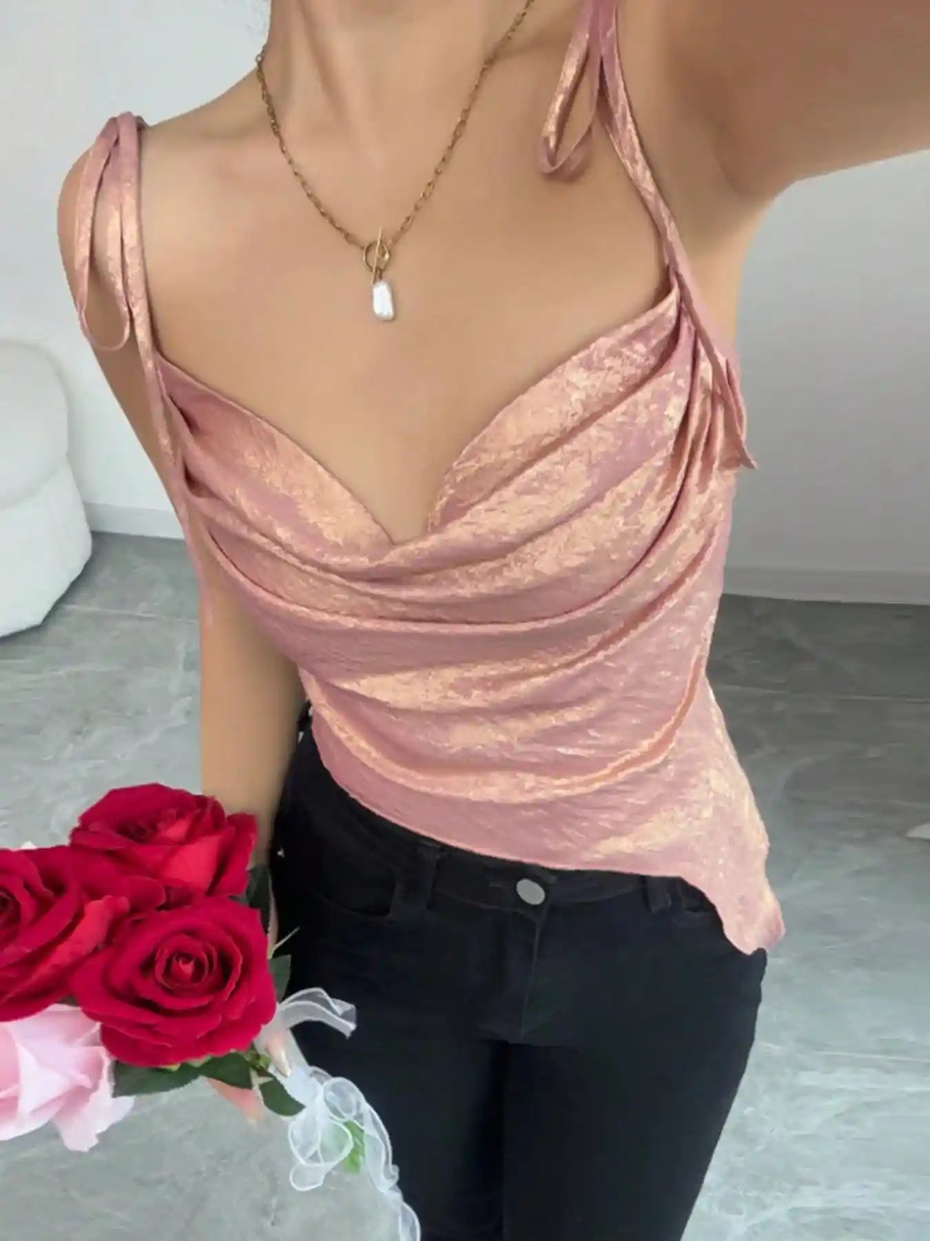 Tie Shoulder Cami Top with Ruched Detail.