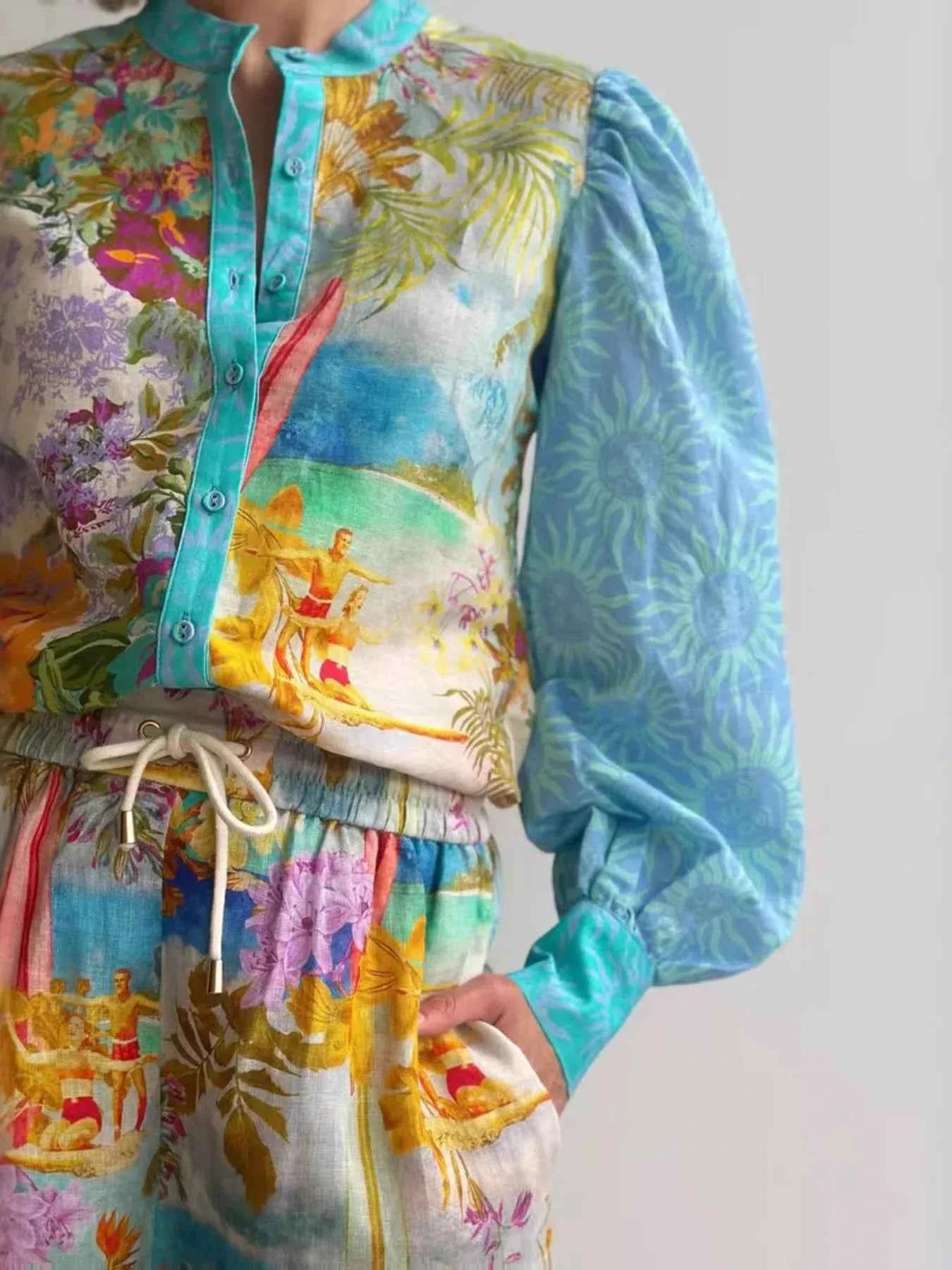 Printed Button Up Shirt and Shorts Set.