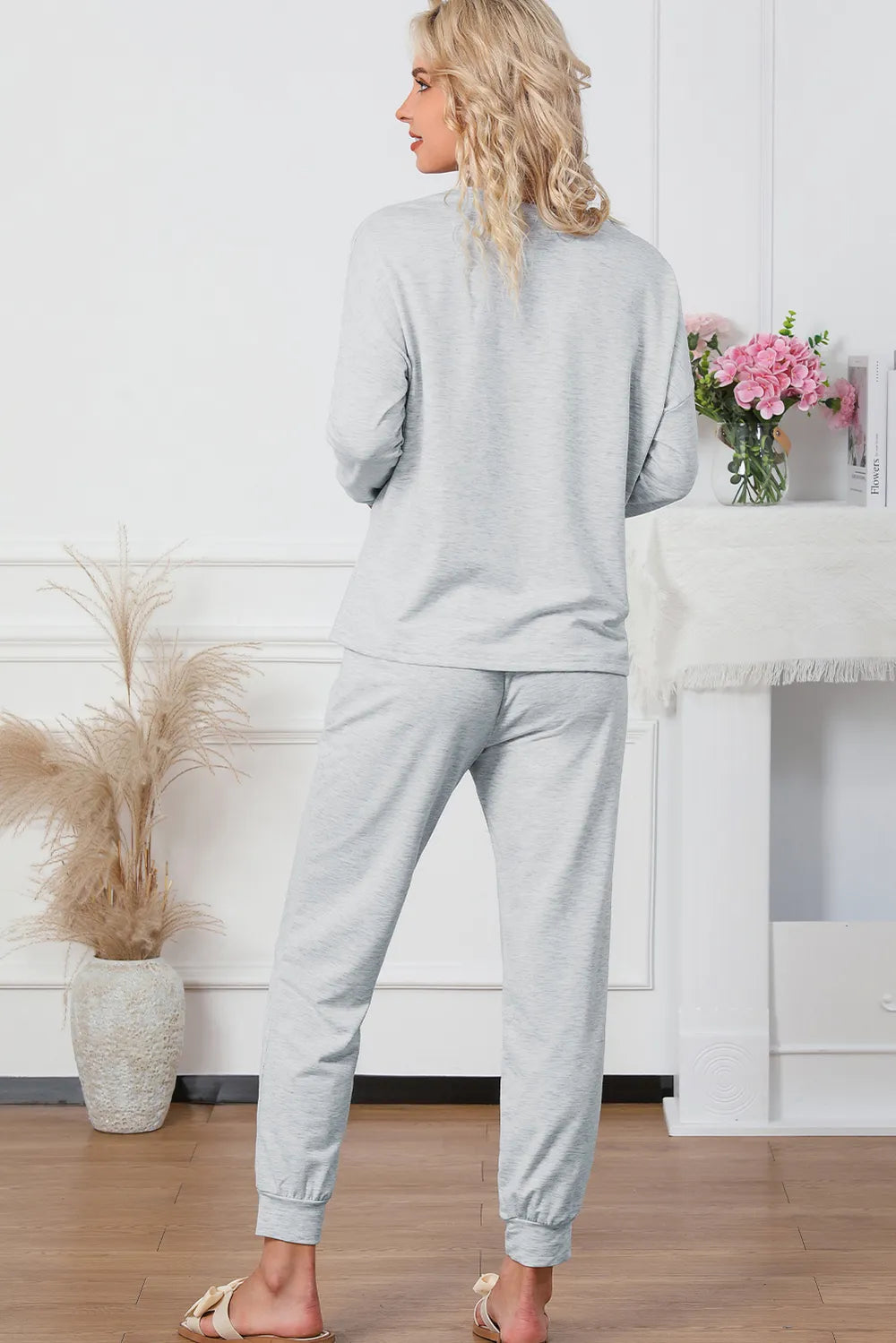 Round Neck Top and Drawstring Pants Lounge Set.
