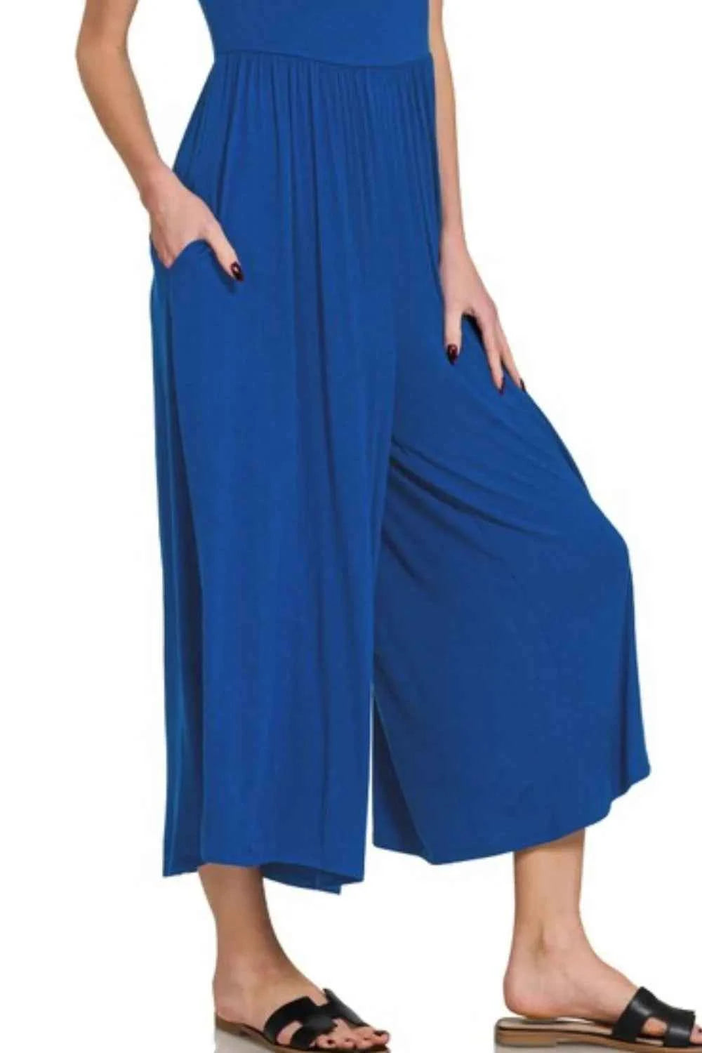 Zenana Double Layered Wide-Leg Jumpsuit with Pockets.