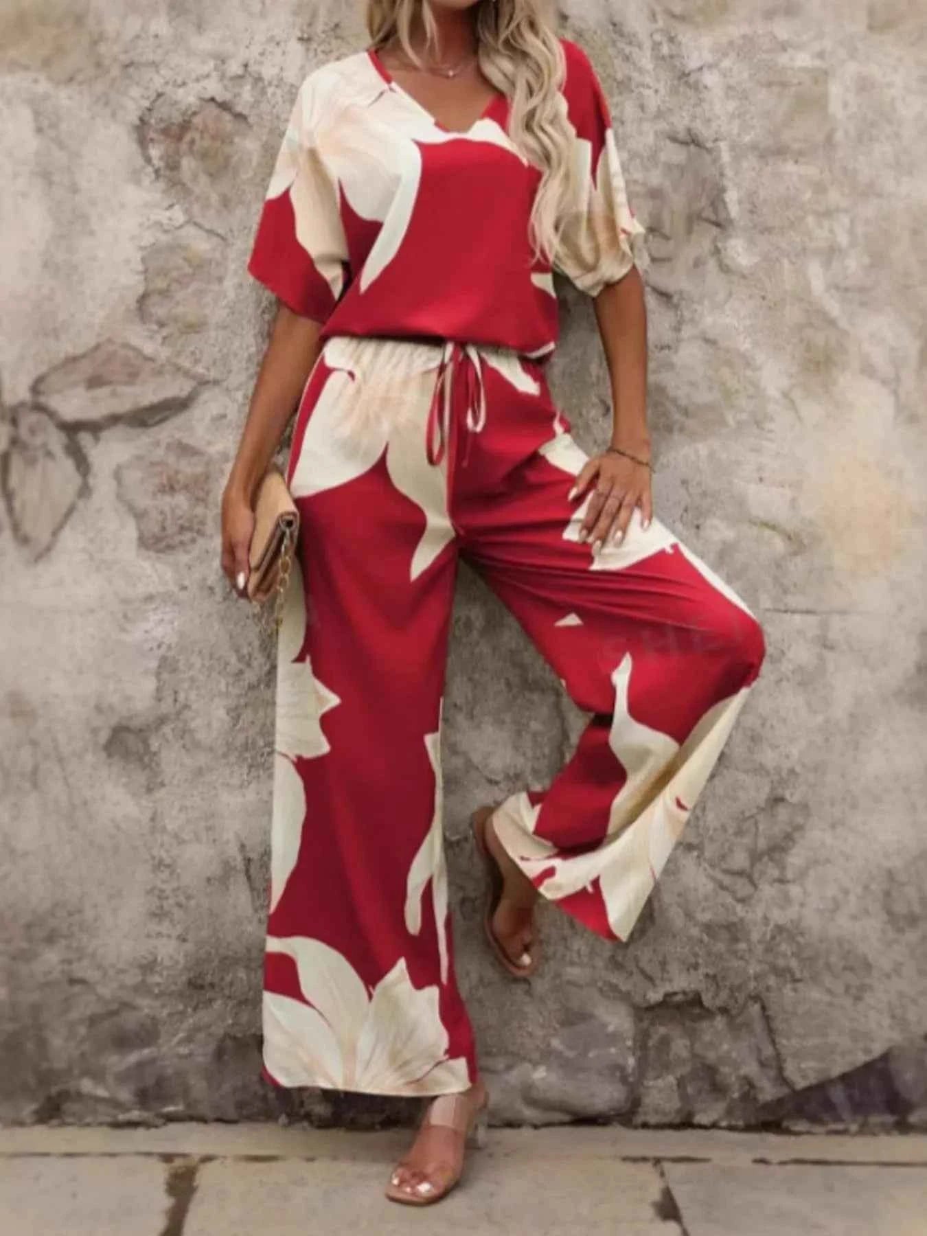 Printed V-Neck Top and Pants Set.