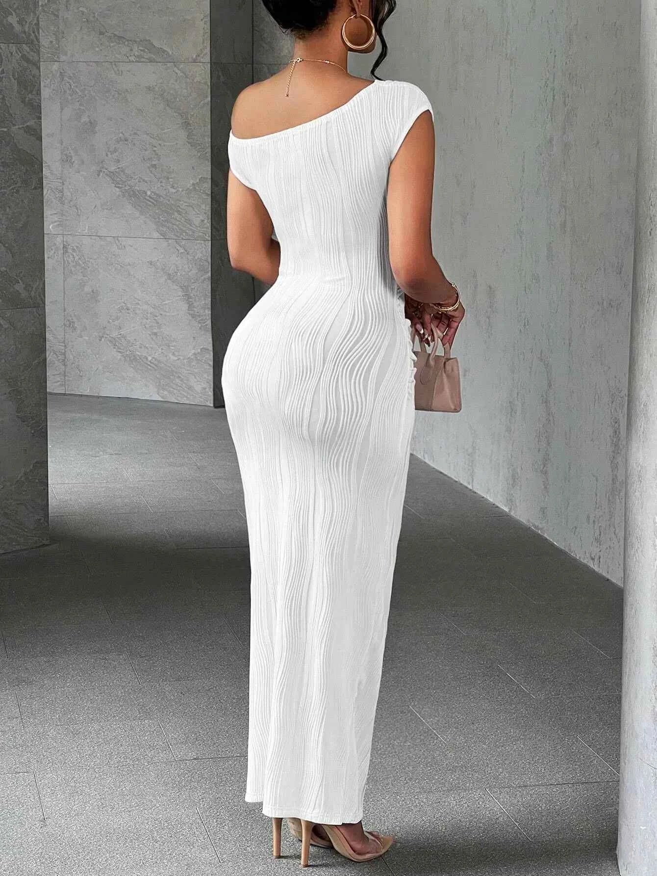 Asymmetrical One Shoulder Bodycon Maxi Dress.