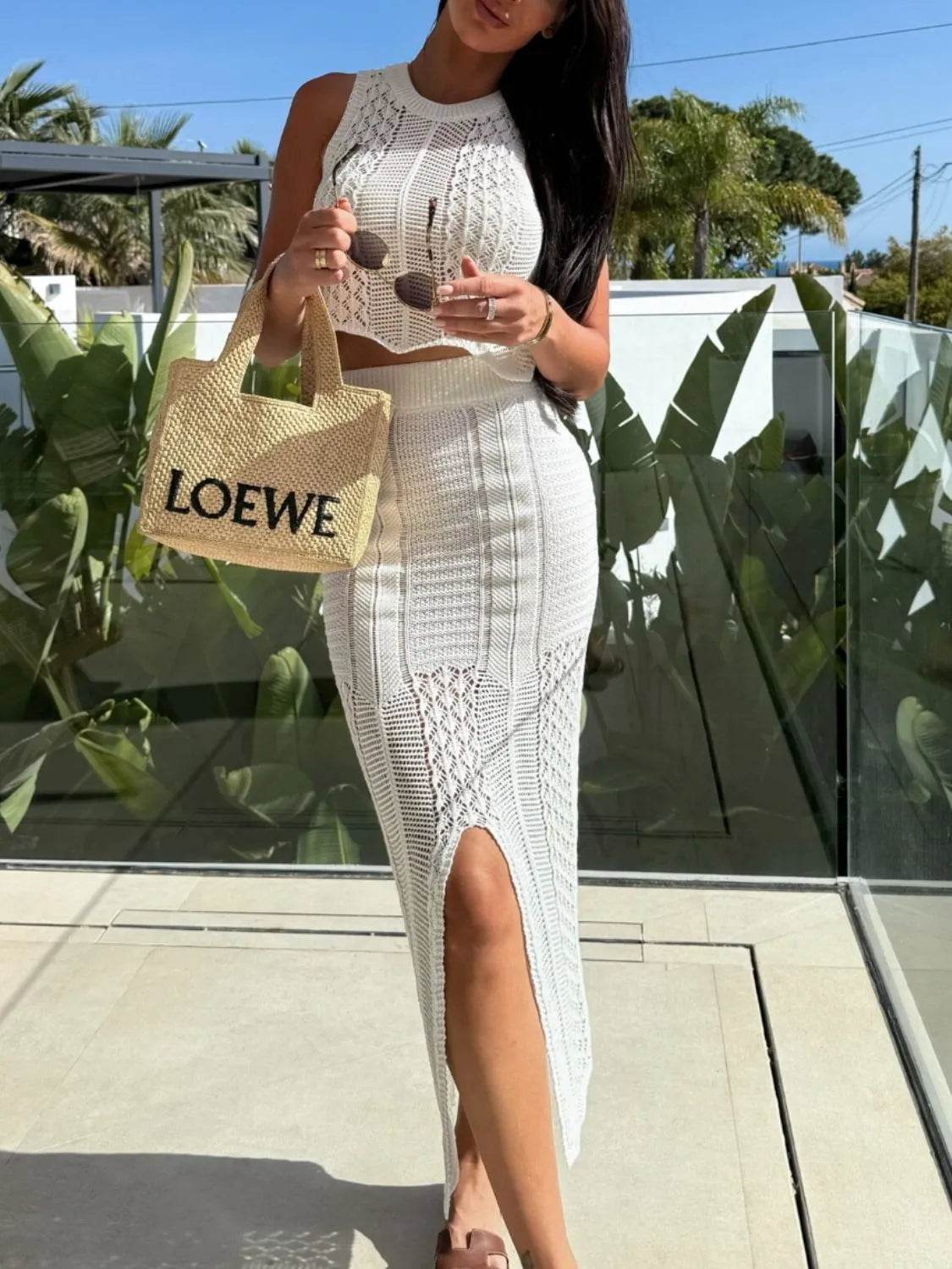 Openwork Round Neck Top & Slit Skirt Sweater Set - EBYNN