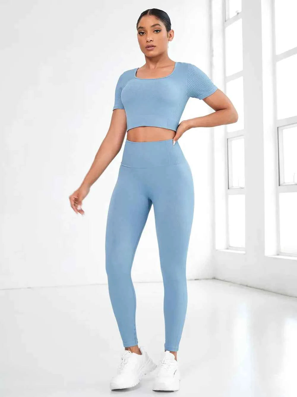 Round Neck Short Sleeve Top and Leggings Active Set.