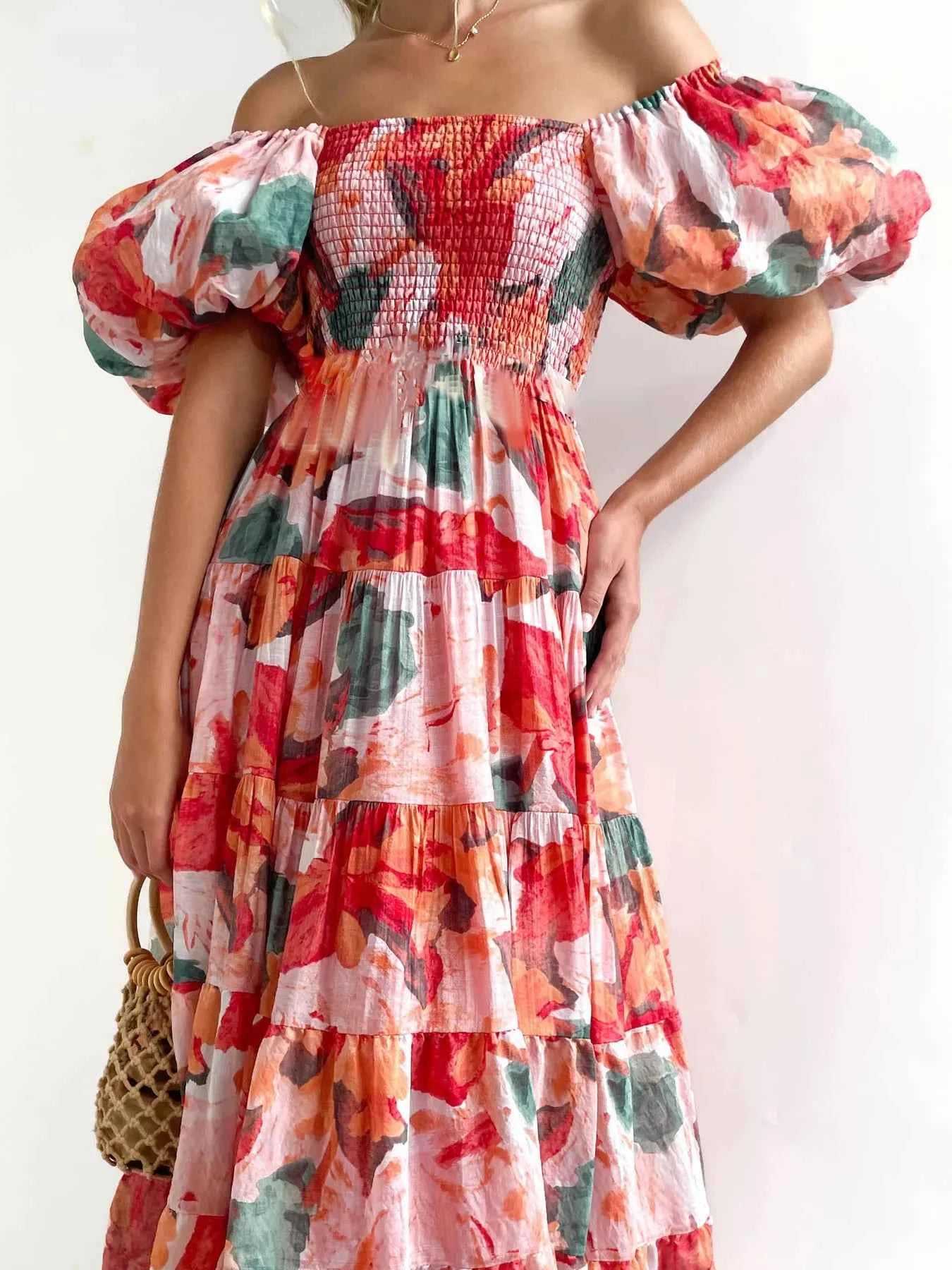 Floral Smocked Puff Sleeve Tiered Dress.