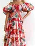 Floral Smocked Puff Sleeve Tiered Dress.