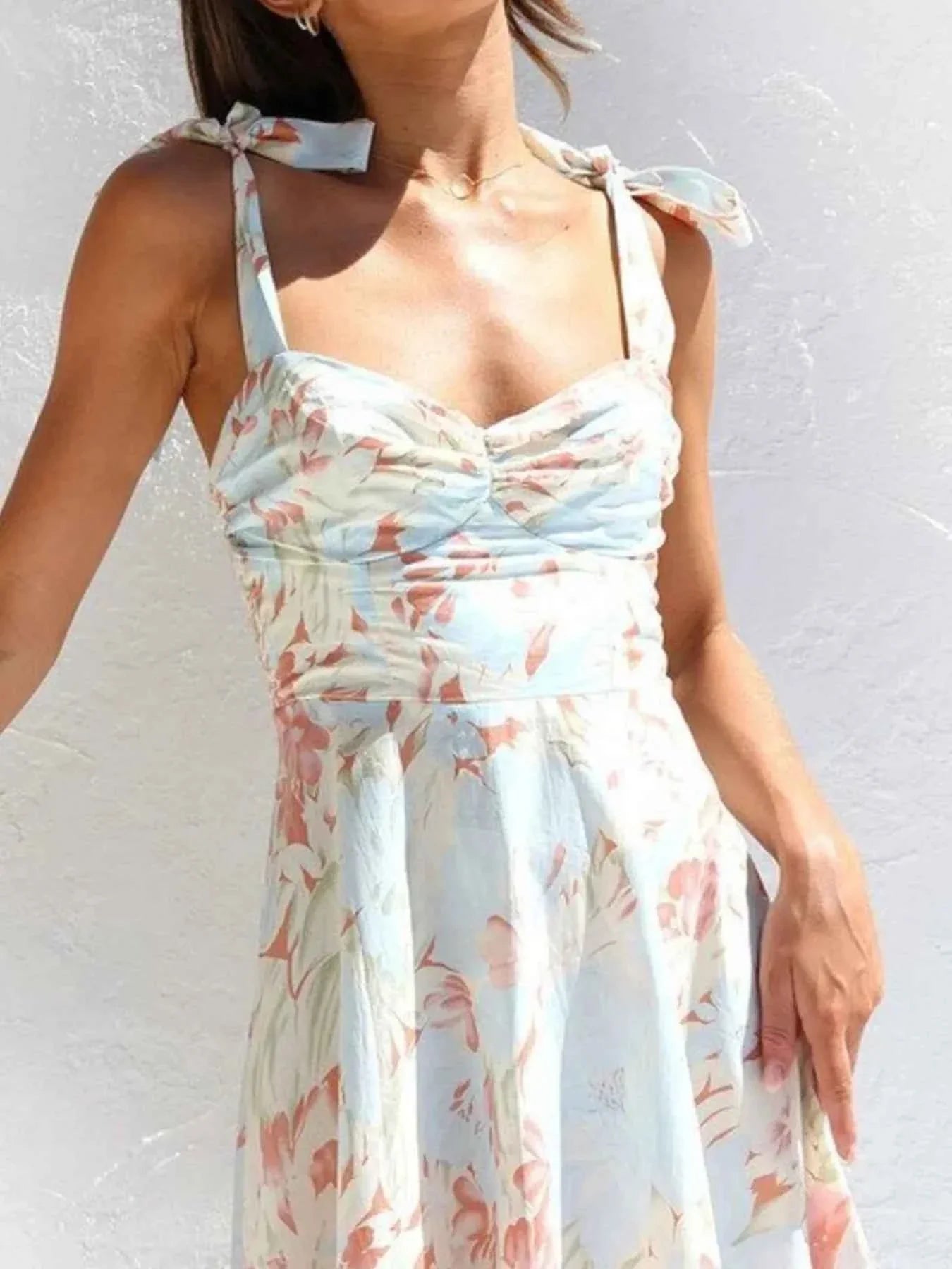 Floral Tie-Strap Sweetheart Neck Midi Dress.