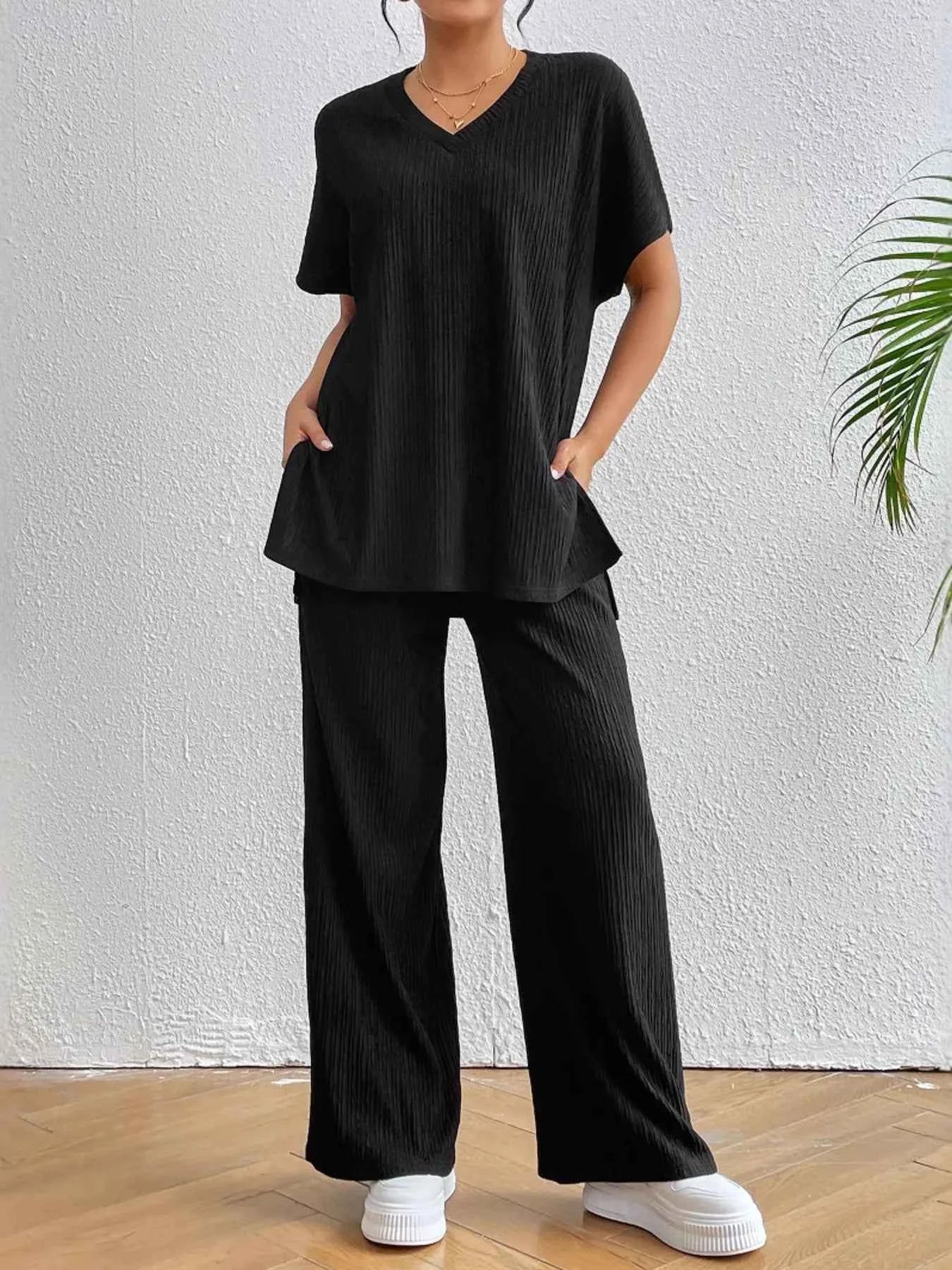 V-Neck Short Sleeve Top and Pants Set.