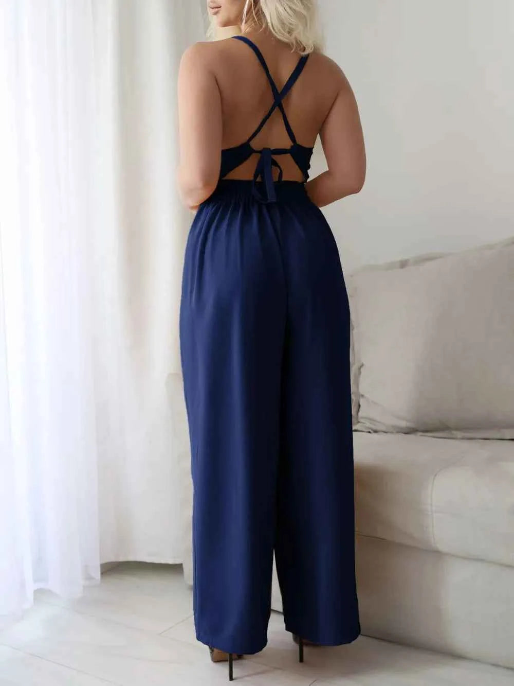 Devine Tie Back Backless Crisscross Jumpsuit.