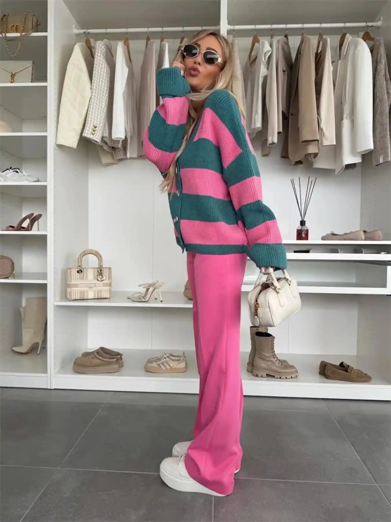 Color Block Striped V-Neck Button Front Cardigan.