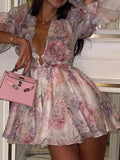 Floral Print Ruffled Mini Dress with Deep V-Neck.