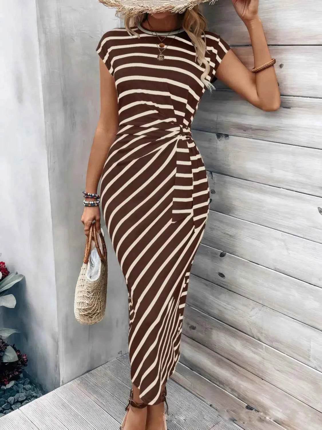 Striped Round Neck Cap Sleeve Midi Dress.
