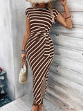 Striped Round Neck Cap Sleeve Midi Dress.