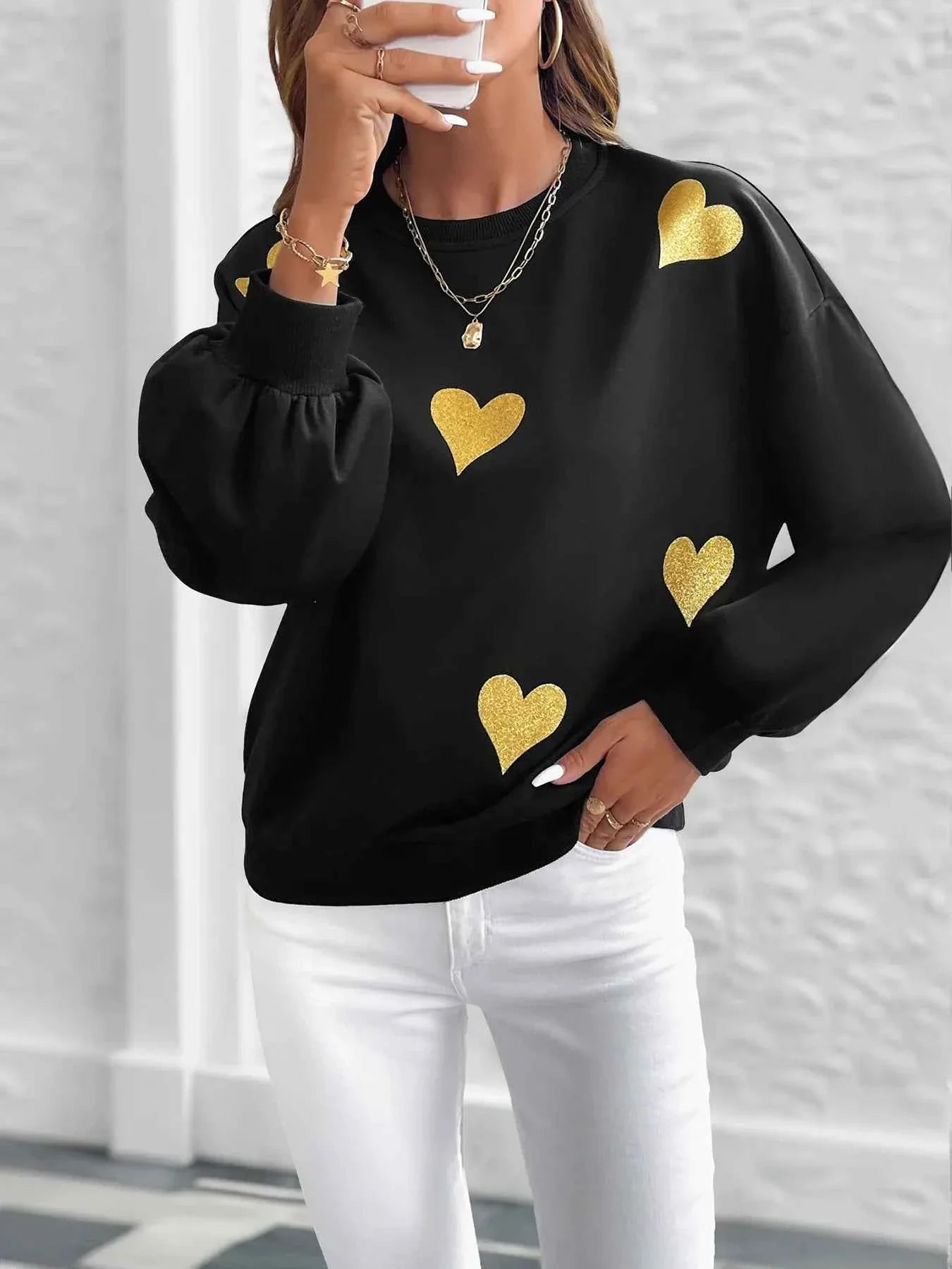 Heart Print Long Sleeve Sweatshirt.