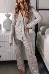 Leopard Print Button Down Long Sleeve Top & Pants Set.