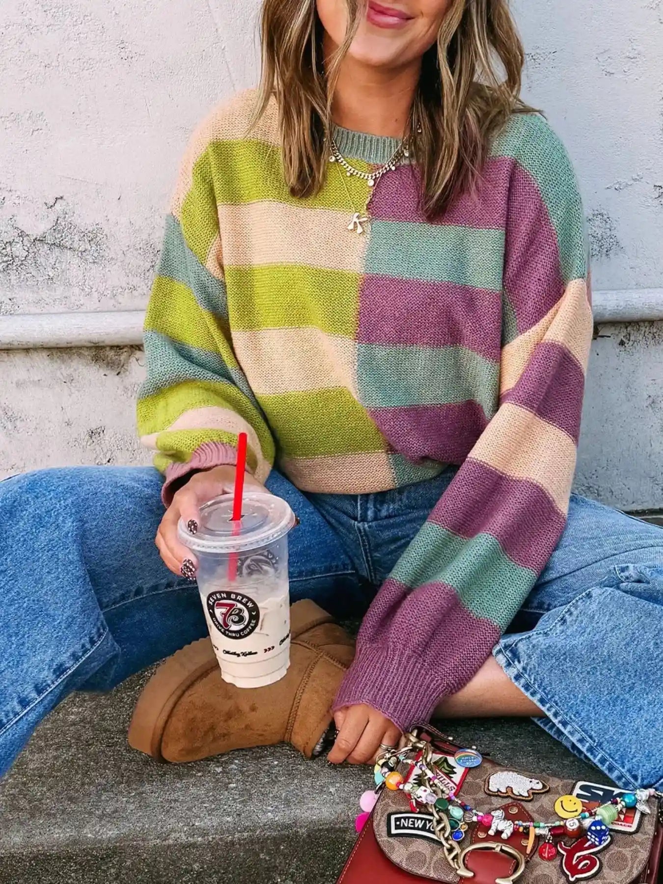 Stripe Drop Shoulder Ribbed Edge Sweater.