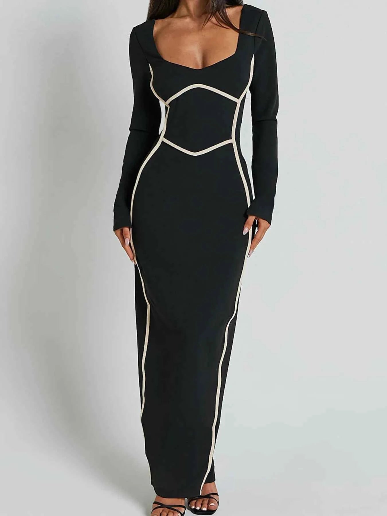 Contrast Trim Long Sleeve Bodycon Maxi Dress.