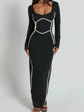 Contrast Trim Long Sleeve Bodycon Maxi Dress.