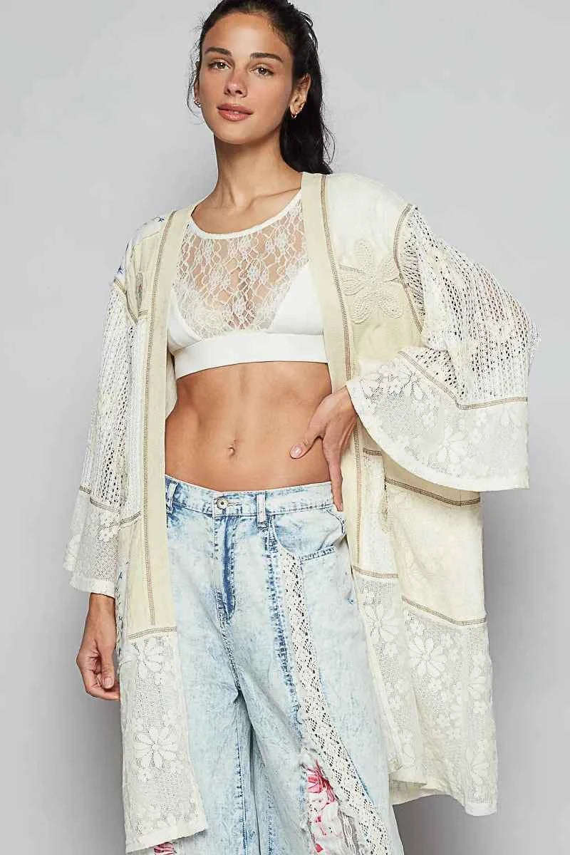 Double Gauze and Lace Mix Cardigan with Embroidered Detail.