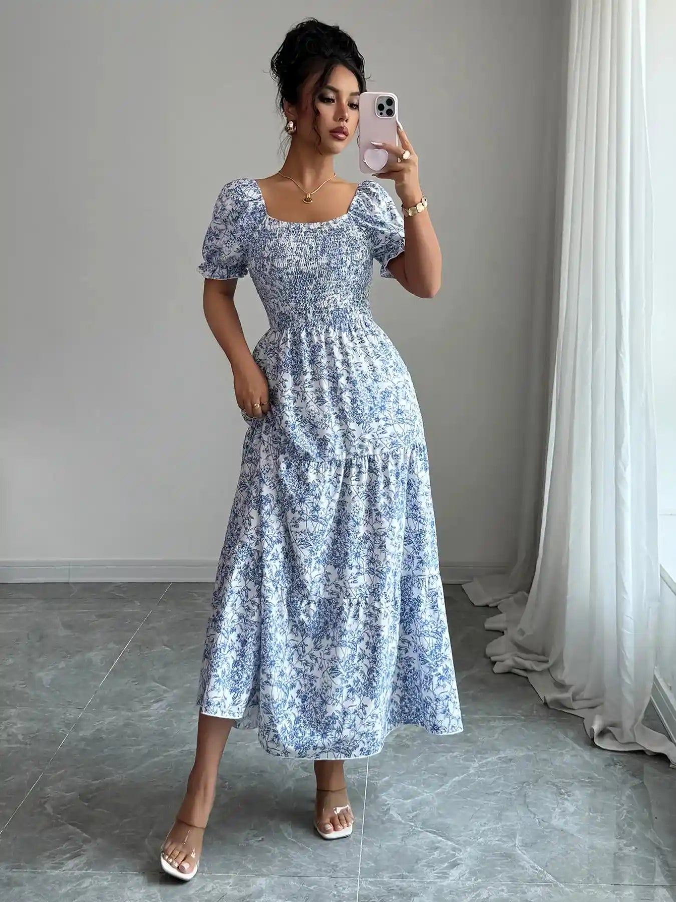 Smocked Printed Short Sleeve Dress.