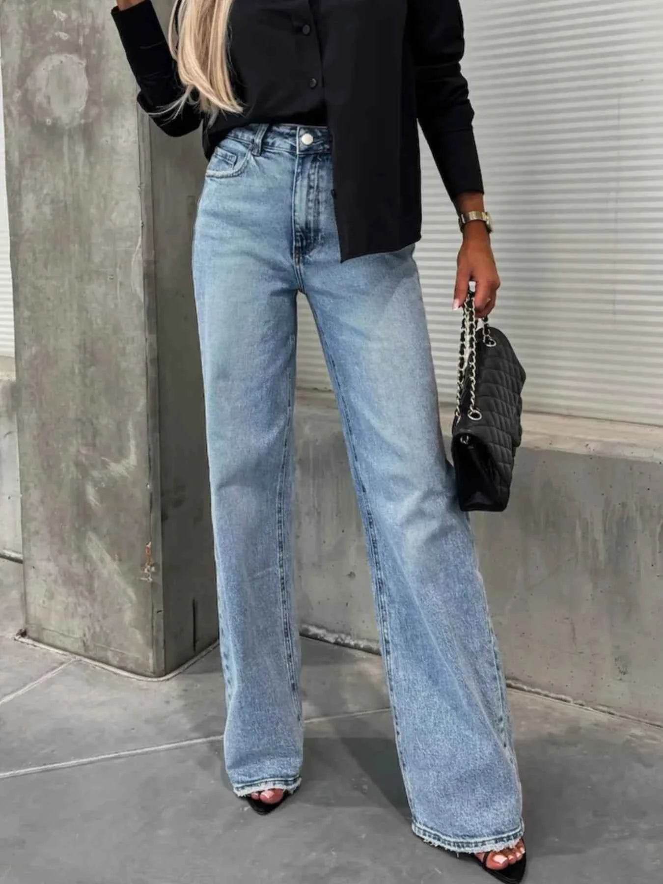 High-Waist Raw Hem Stretch Jeans.