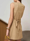 Button-Front Sleeveless Mini Dress with Tie Waist.