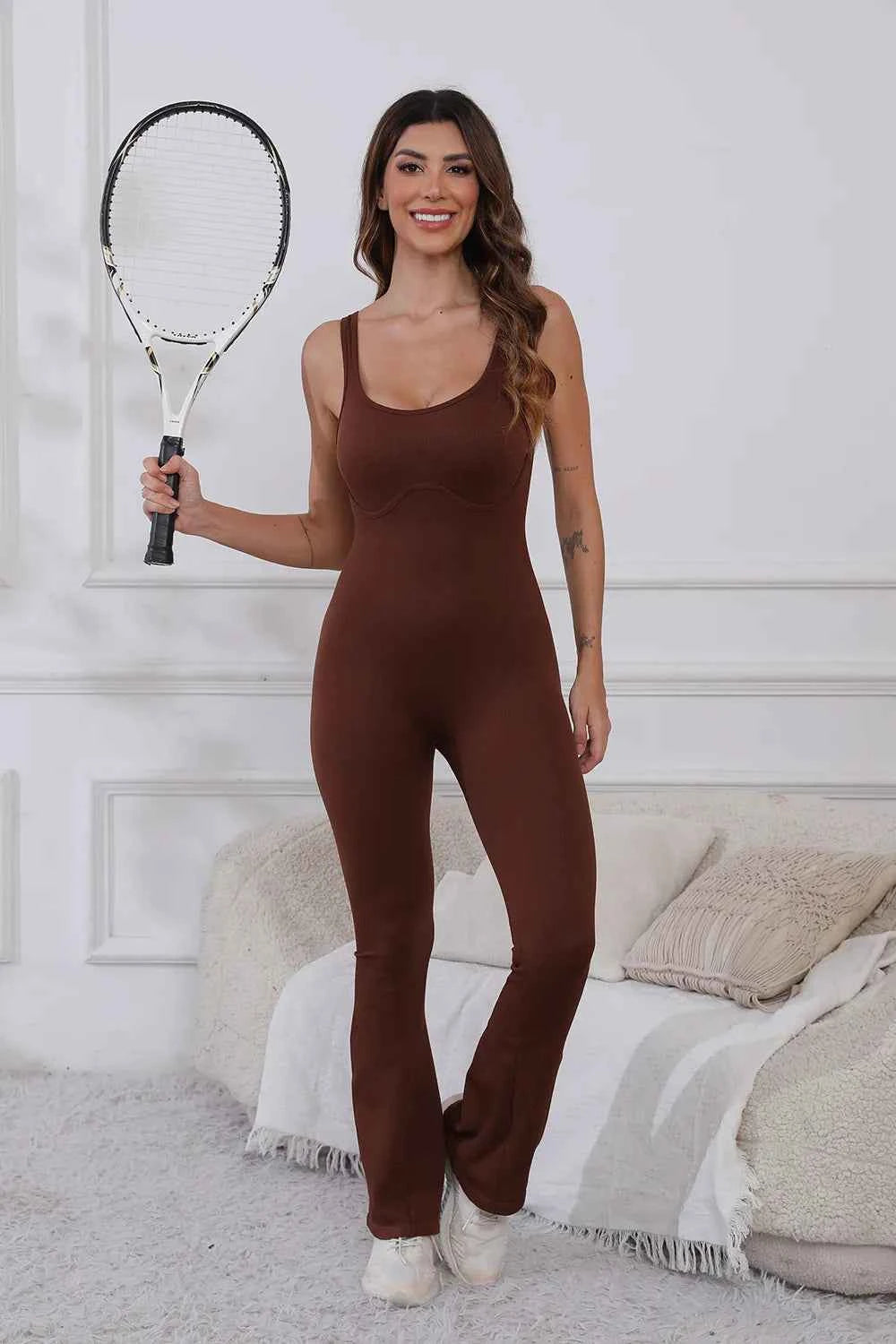Scoop Neck Wide Strap Active Jumpsuit.