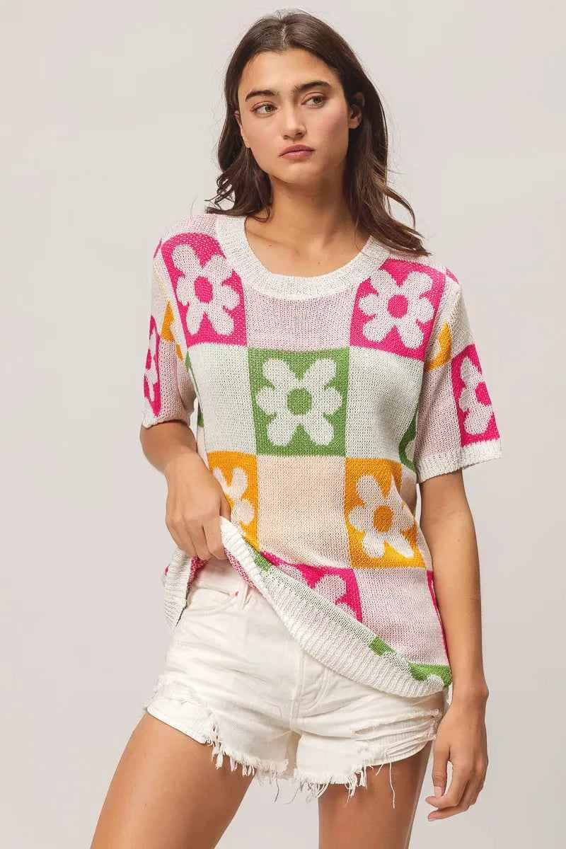 BiBi Floral Checker Pattern Lightweight Pullover Sweater.