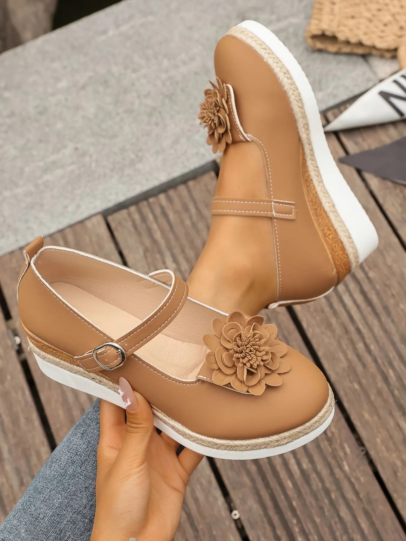 Flower Embellished Mary Jane Loafers.