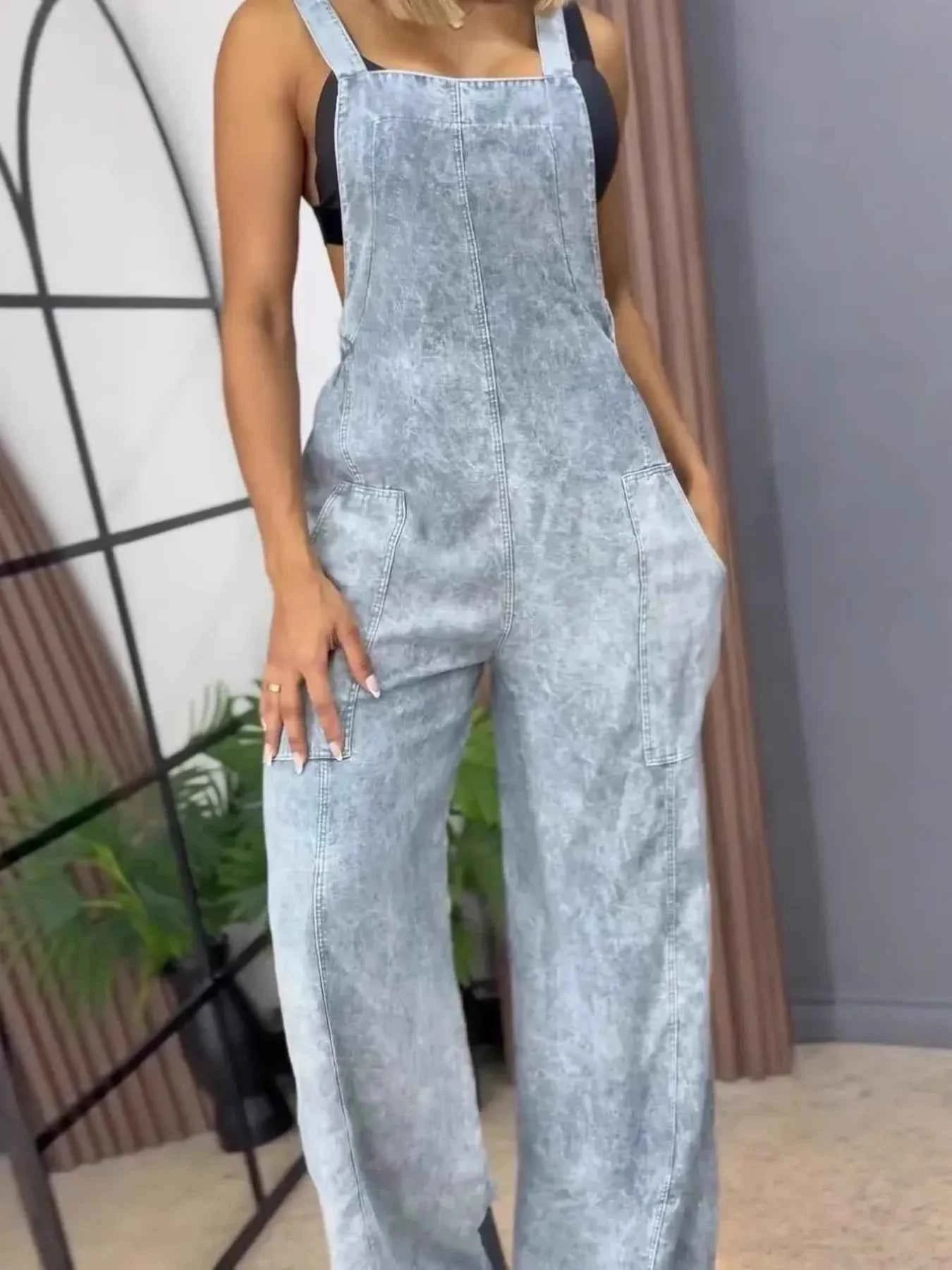 Plus Size Wide Leg Washed Denim Overalls.