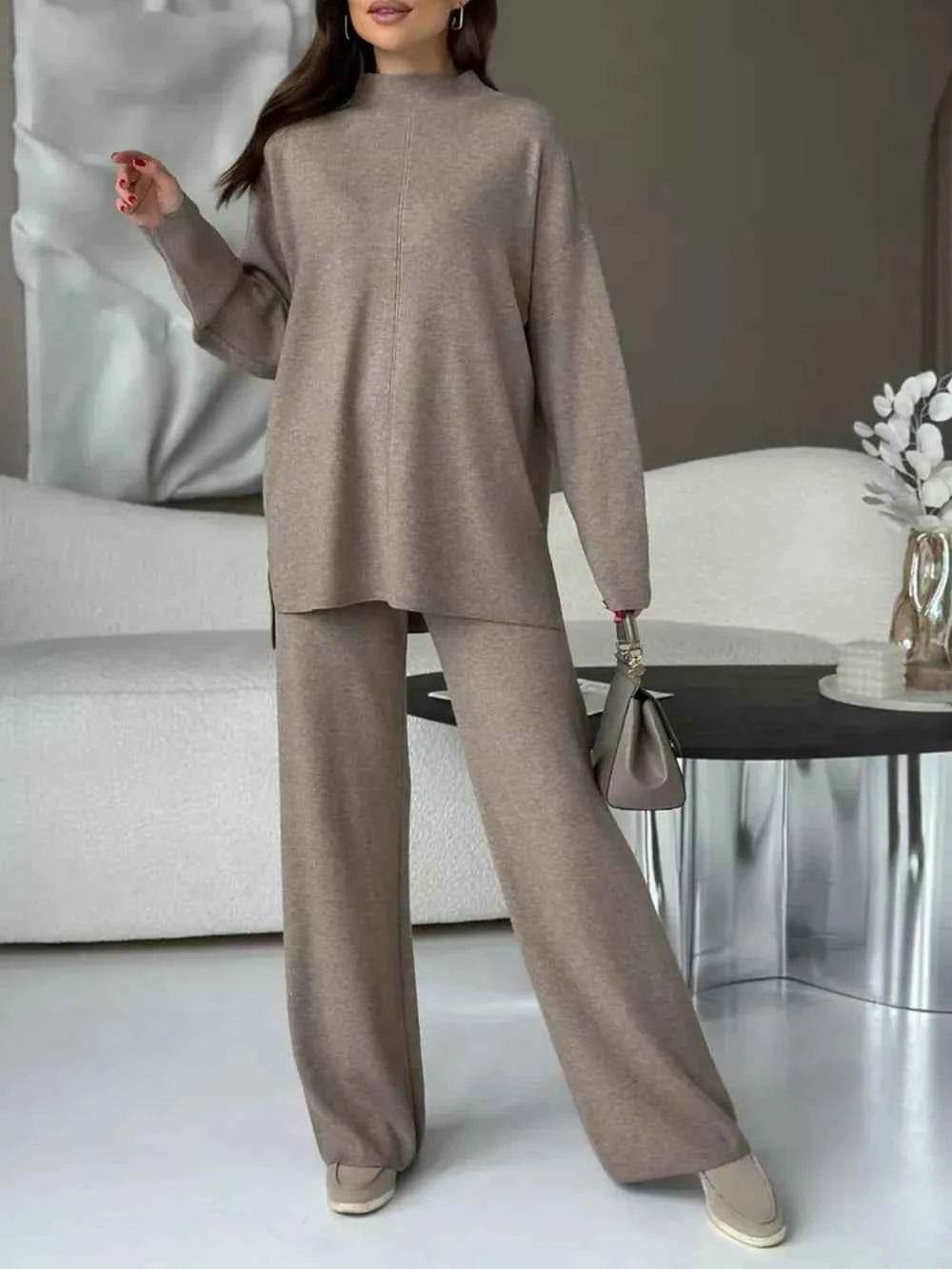 Slit Mock Neck Top and Pants Sweater Set - EBYNN