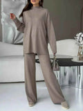 Slit Mock Neck Top and Pants Sweater Set - EBYNN