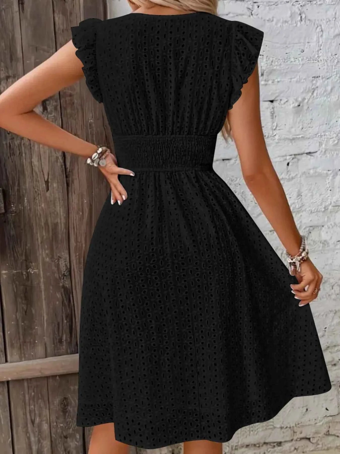 Eyelet Ruffled Cap Sleeve Mini Dress.
