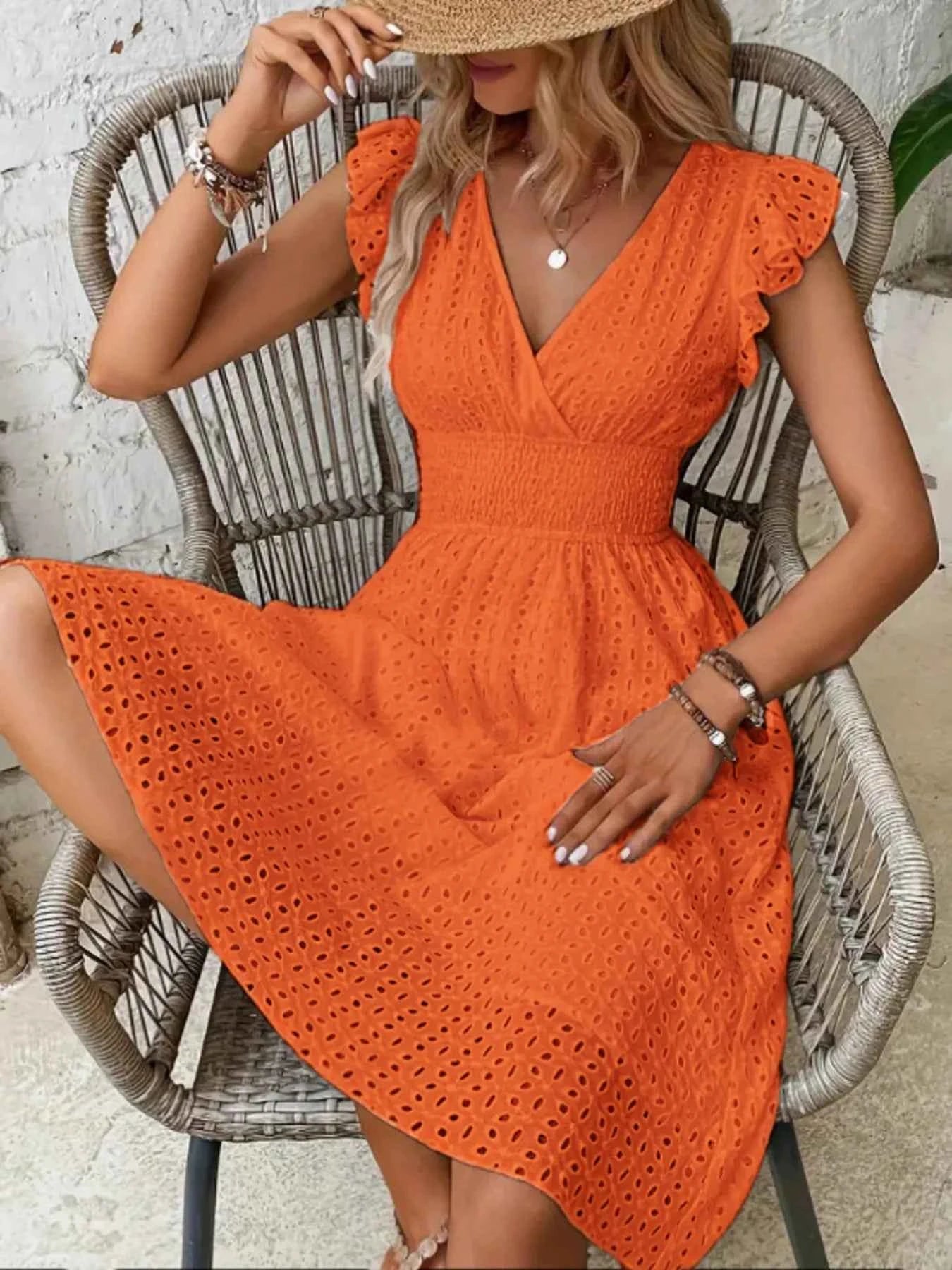 Eyelet Ruffled Cap Sleeve Mini Dress.