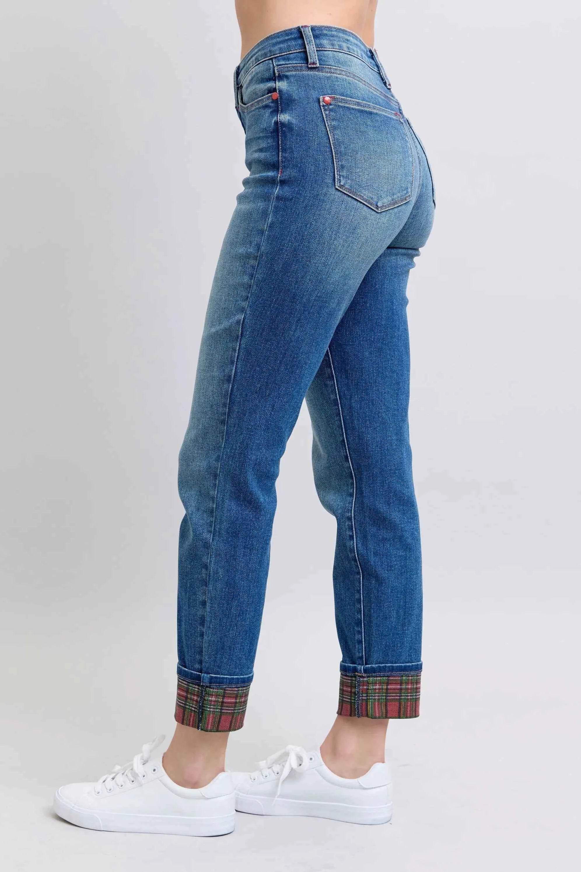 Judy Blue Plus Size Mr Plaid Print Cuff Boyfriend Jeans.