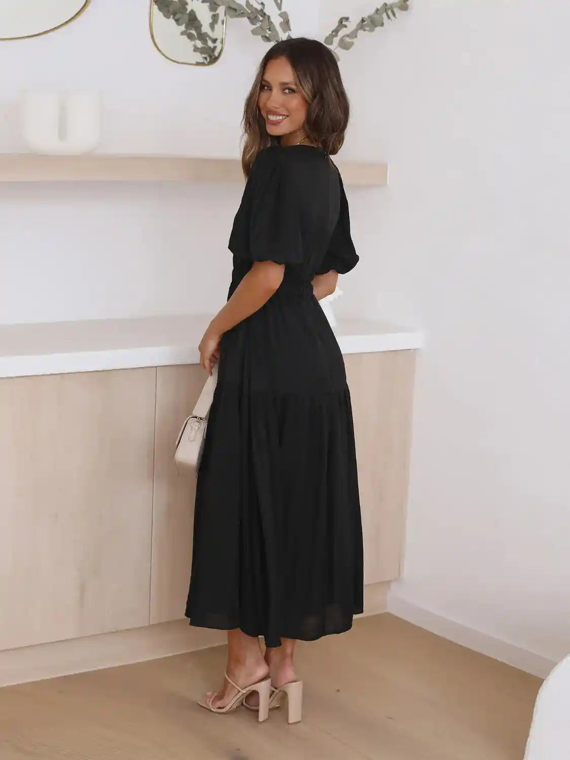 Tiered Surplice Half Sleeve Midi Dress.
