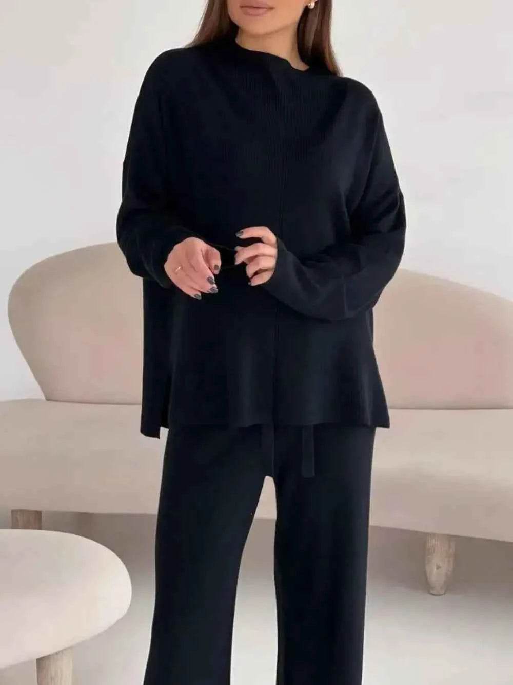 Slit Mock Neck Top and Pants Sweater Set - EBYNN