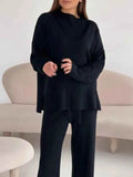 Slit Mock Neck Top and Pants Sweater Set - EBYNN